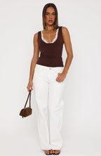 Key To My Heart Lace Trim Top Chocolate/Cream