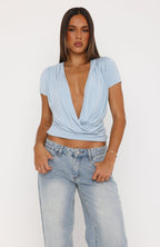 Almost Told You Short Sleeve Cowl Neck Top Dusty Blue