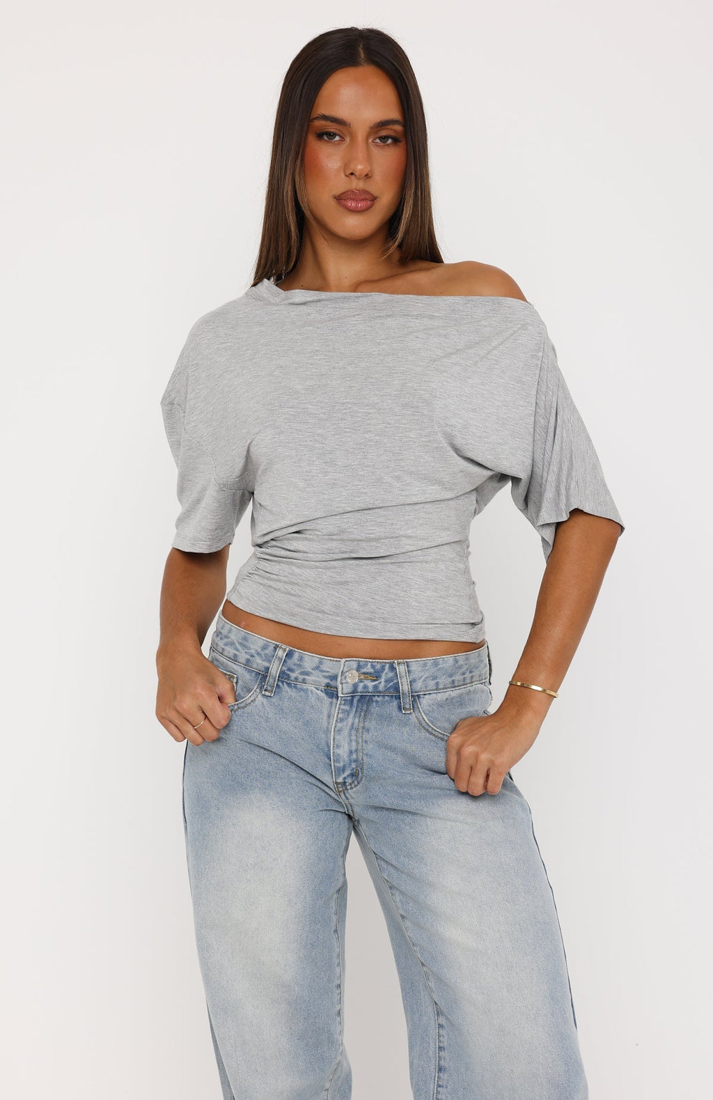 Hype Girl Cinched Waist Off Shoulder Top Grey Marle