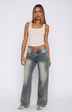 Bring The Style Low Rise Wide Leg Jeans Sand Wash