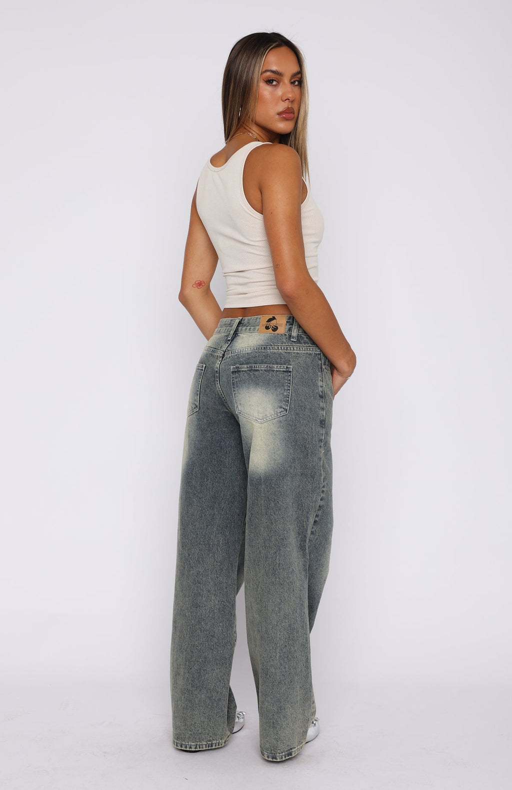 Bring The Style Low Rise Wide Leg Jeans Sand Wash