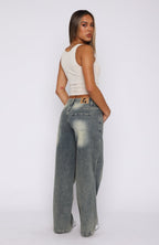 Bring The Style Low Rise Wide Leg Jeans Sand Wash