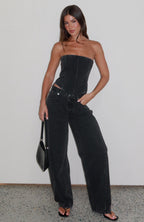 Kiara Mid Rise Barrel Leg Jeans Black Acid Wash