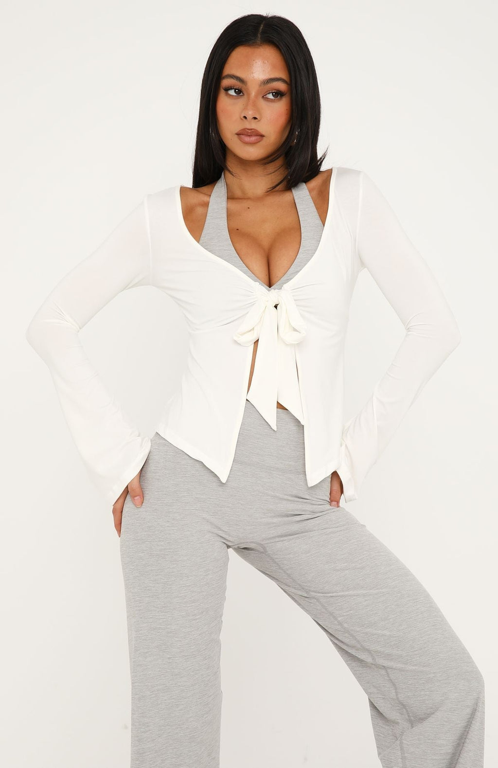 Ember Tie Front Long Sleeve Top Cream