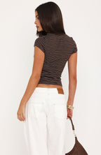 Fell Into Place V Neck Striped Short Sleeve Top Chocolate/White