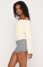 Falling For Him Cinched Waist Off Shoulder Long Sleeve Top Butter