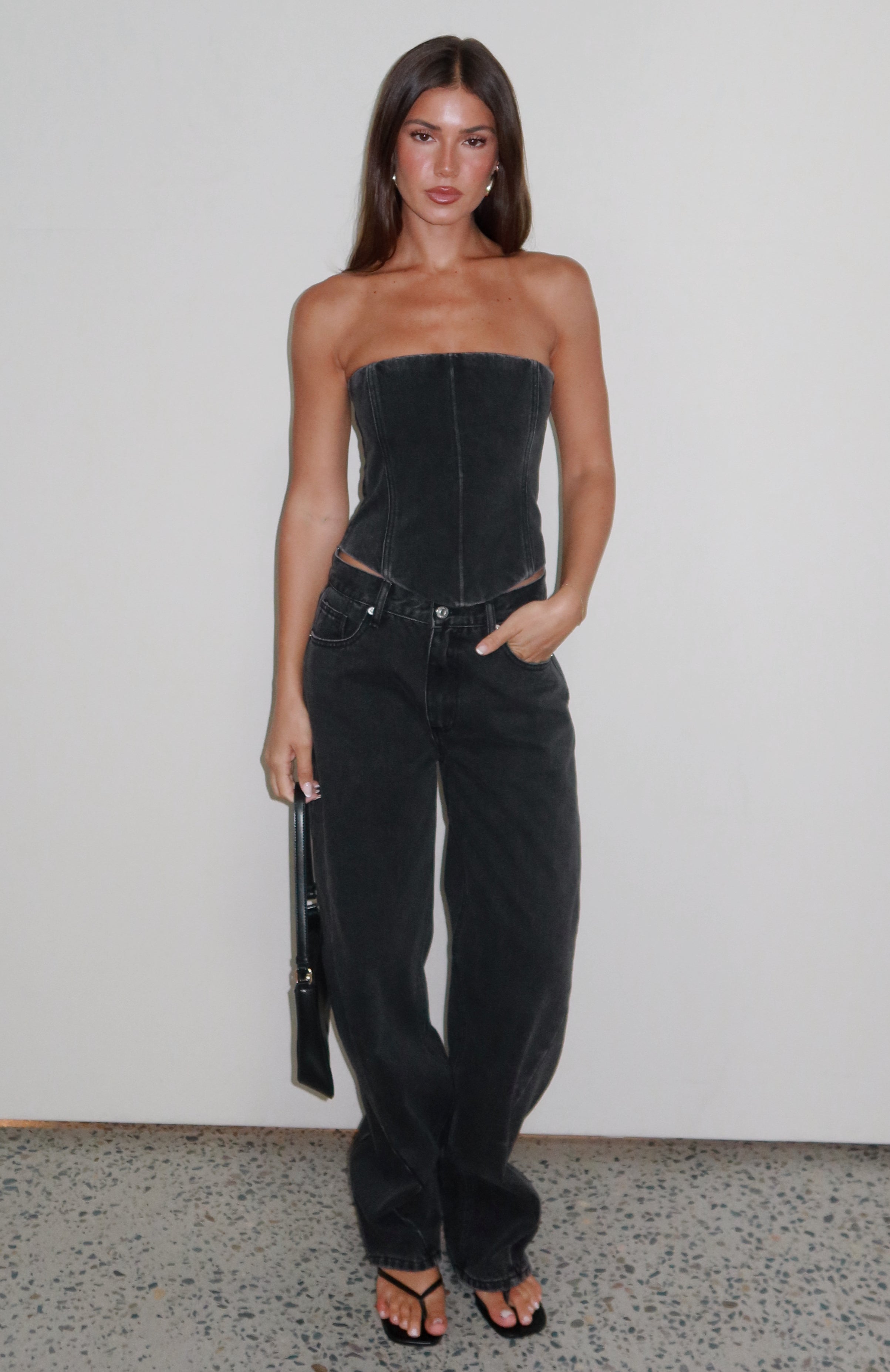 Kiara Mid Rise Barrel Leg Jeans Black Acid Wash