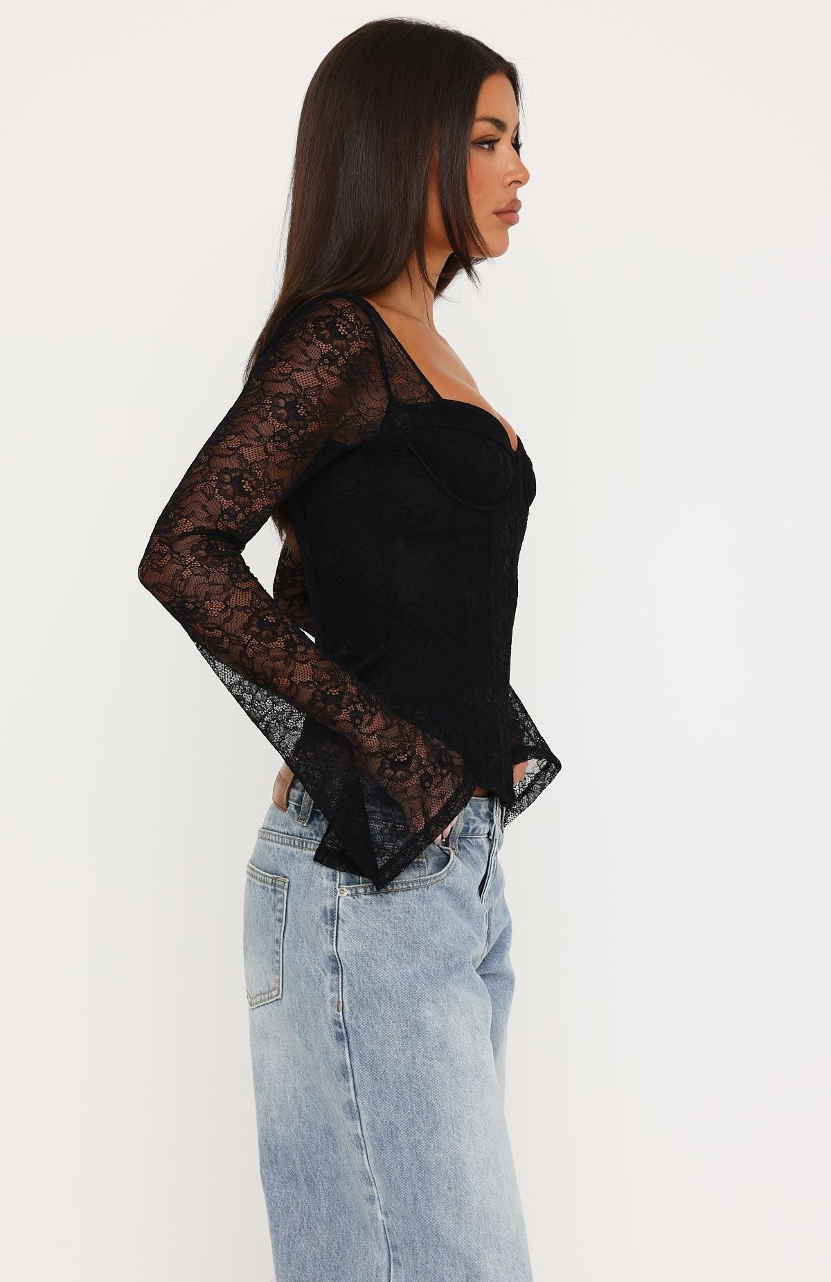 Midnight Rose Long Sleeve Lace Bustier Black