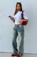 Bring The Style Low Rise Wide Leg Jeans Sand Wash