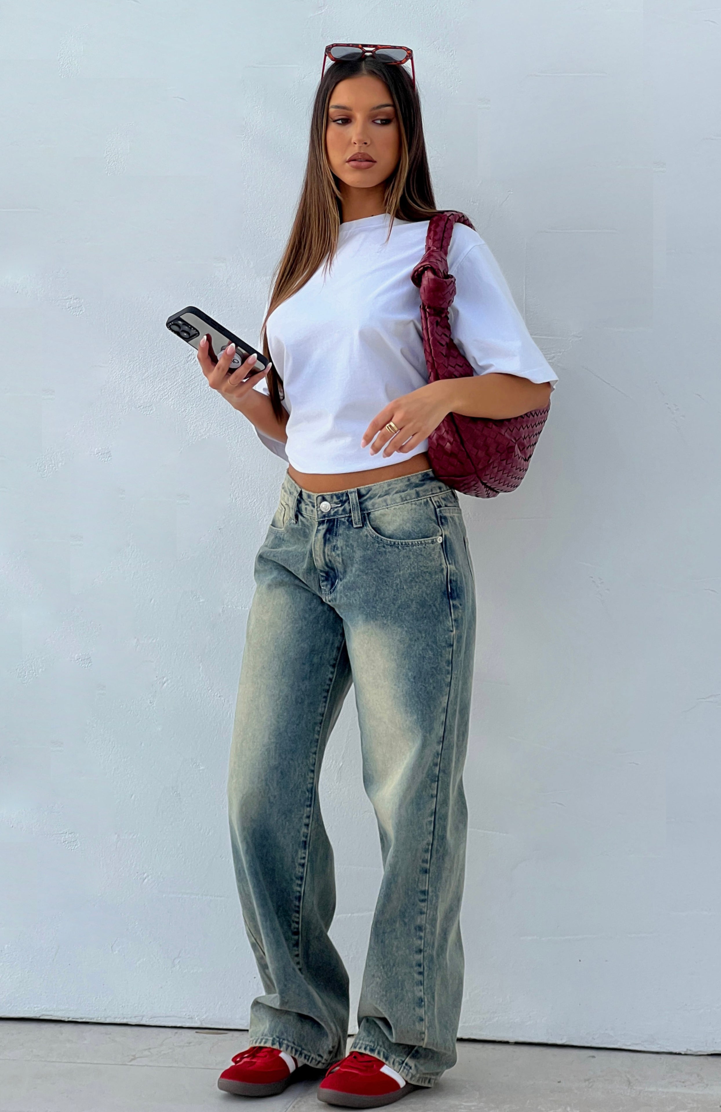 Bring The Style Low Rise Wide Leg Jeans Sand Wash
