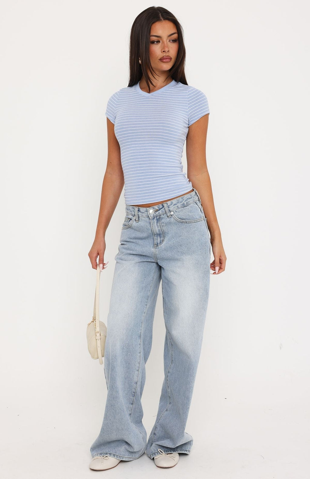 Fell Into Place V Neck Striped Short Sleeve Top Baby Blue/White