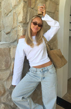 Falling For Him Cinched Waist Off Shoulder Long Sleeve Top White