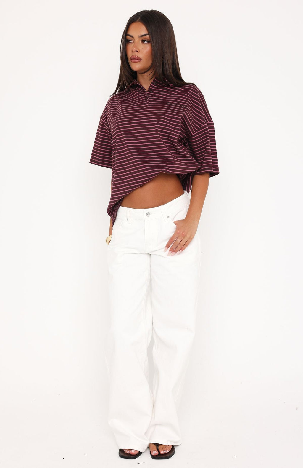 Pure Intent Oversized Short Sleeve Polo Shirt Choc / Pink Stripe