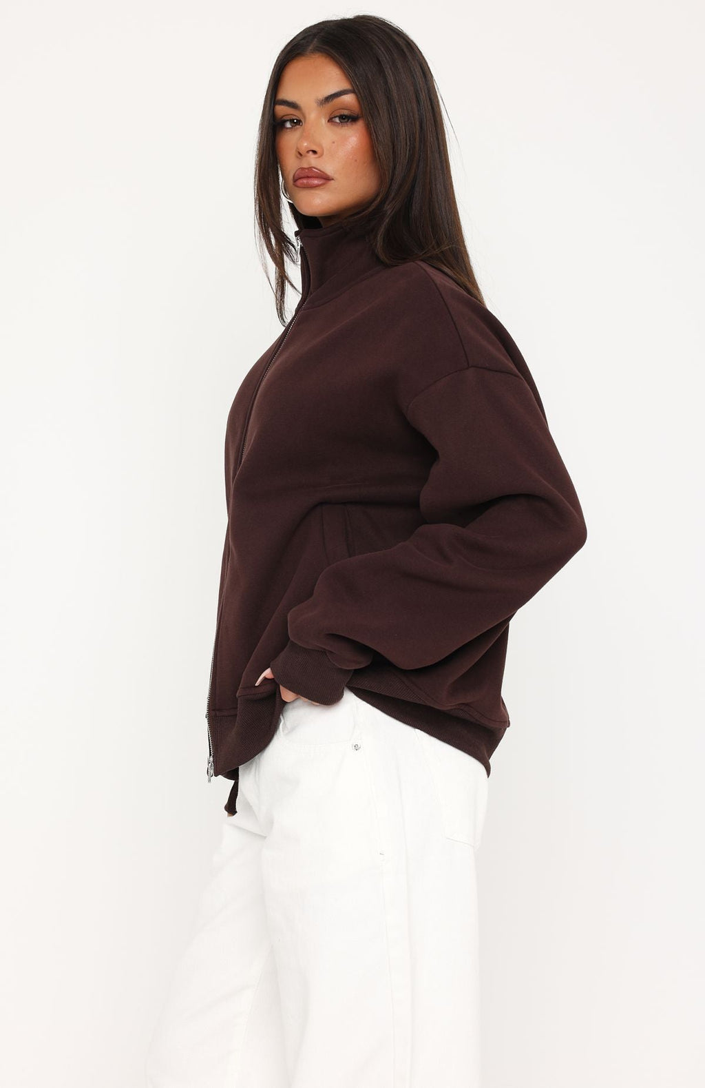 Such A Dream Oversized Zip Front Funnel Neck Jacket Chocolate