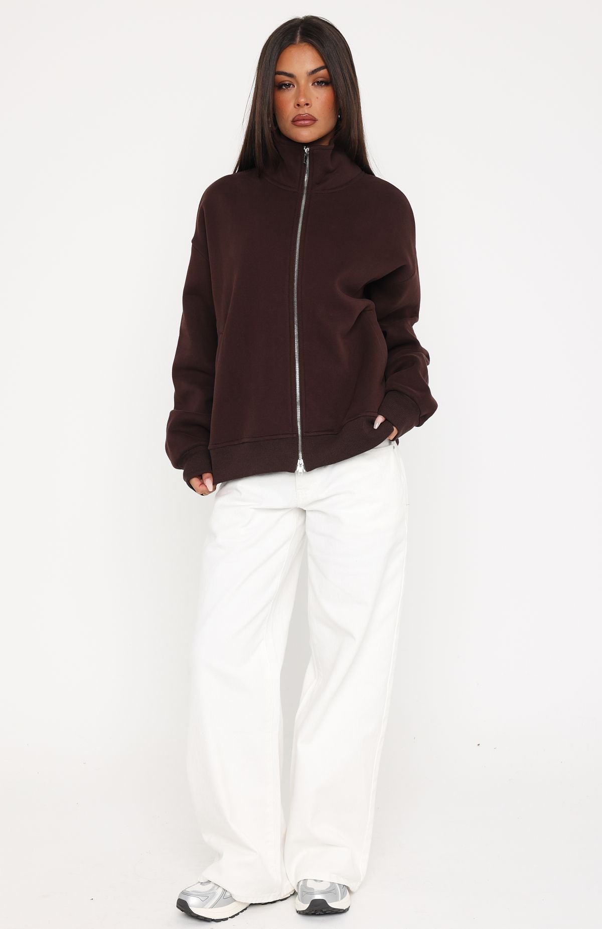 Such A Dream Oversized Zip Front Funnel Neck Jacket Chocolate