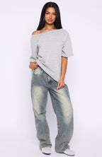 Give Me Options Off Shoulder Tee Grey/White Stripe