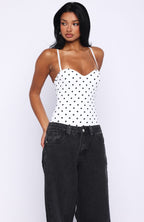 Stuck To You Bodysuit White/Black Polka Dot