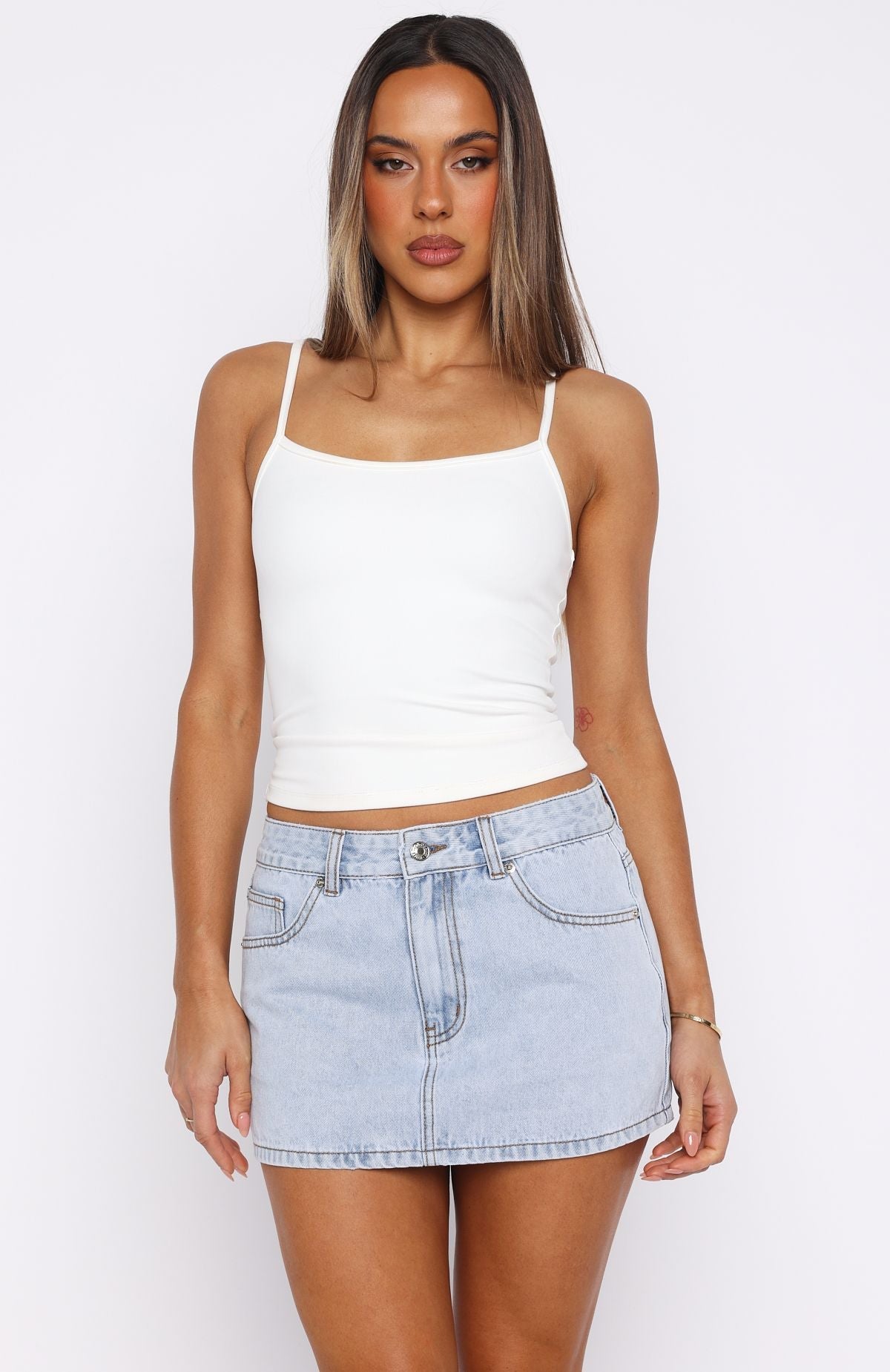 About A Girl Mid Rise Denim Mini Skirt Mid Blue Wash