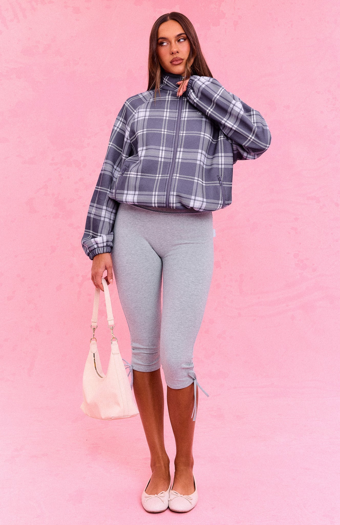 The Social Club Bianca Oversized Zip Front Funnel Neck Jacket Navy Plaid