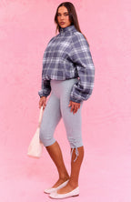 The Social Club Bianca Oversized Zip Front Funnel Neck Jacket Navy Plaid