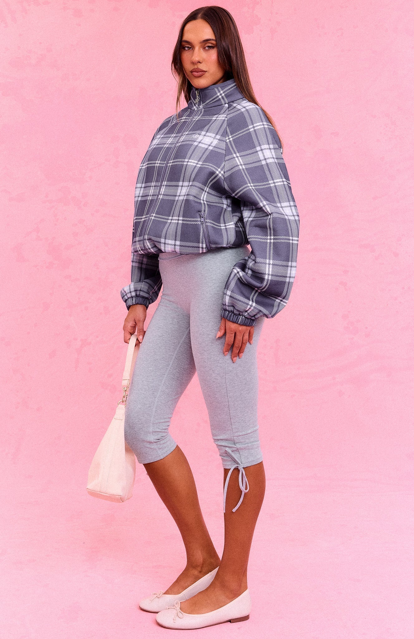 The Social Club Bianca Oversized Zip Front Funnel Neck Jacket Navy Plaid
