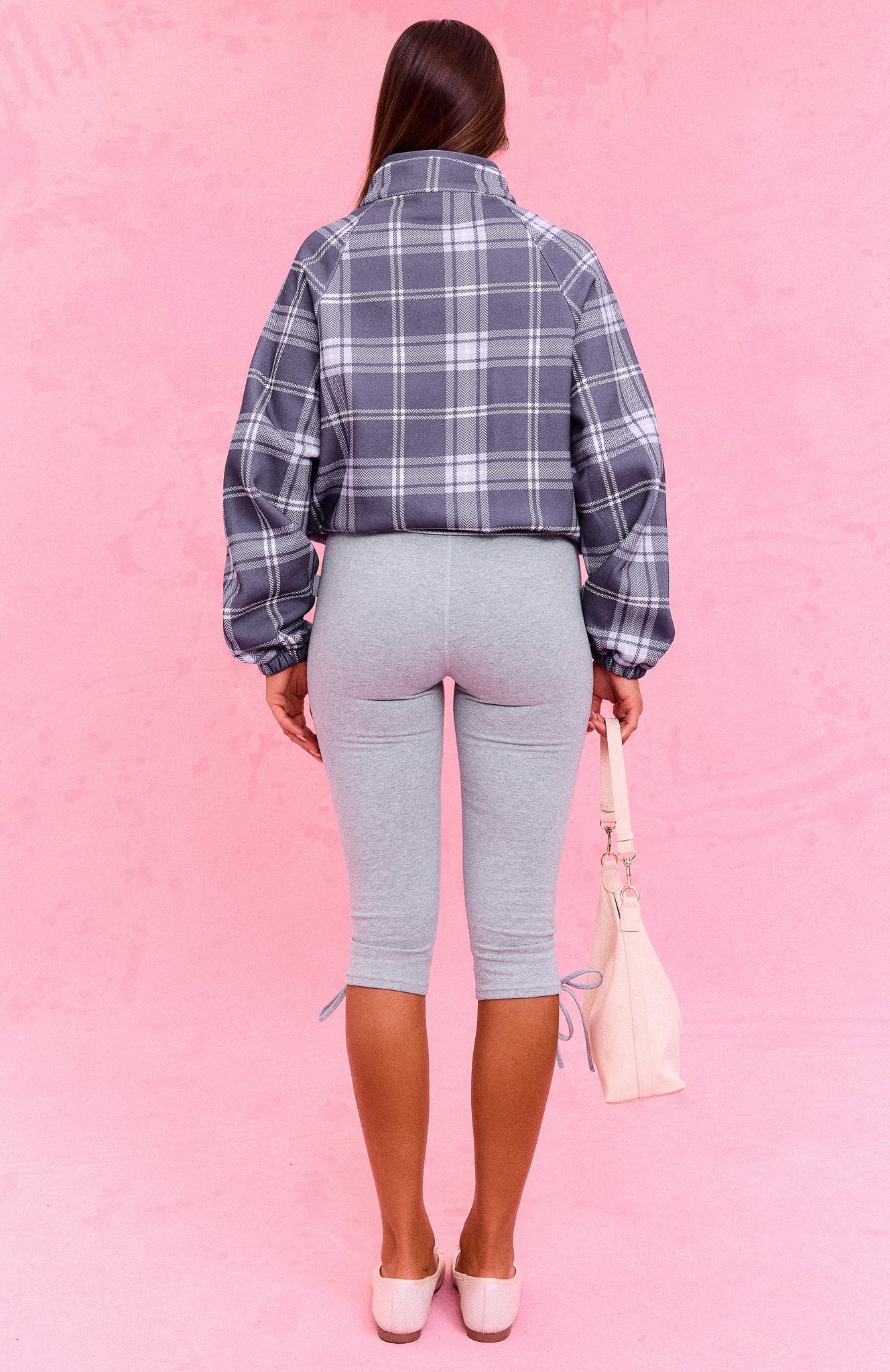 The Social Club Bianca Oversized Zip Front Funnel Neck Jacket Navy Plaid