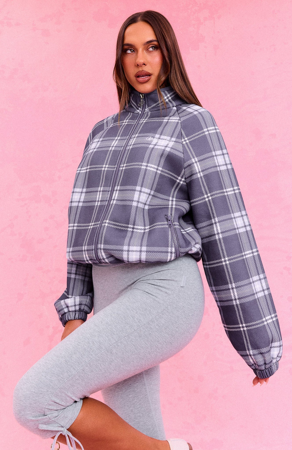 The Social Club Bianca Oversized Zip Front Funnel Neck Jacket Navy Plaid