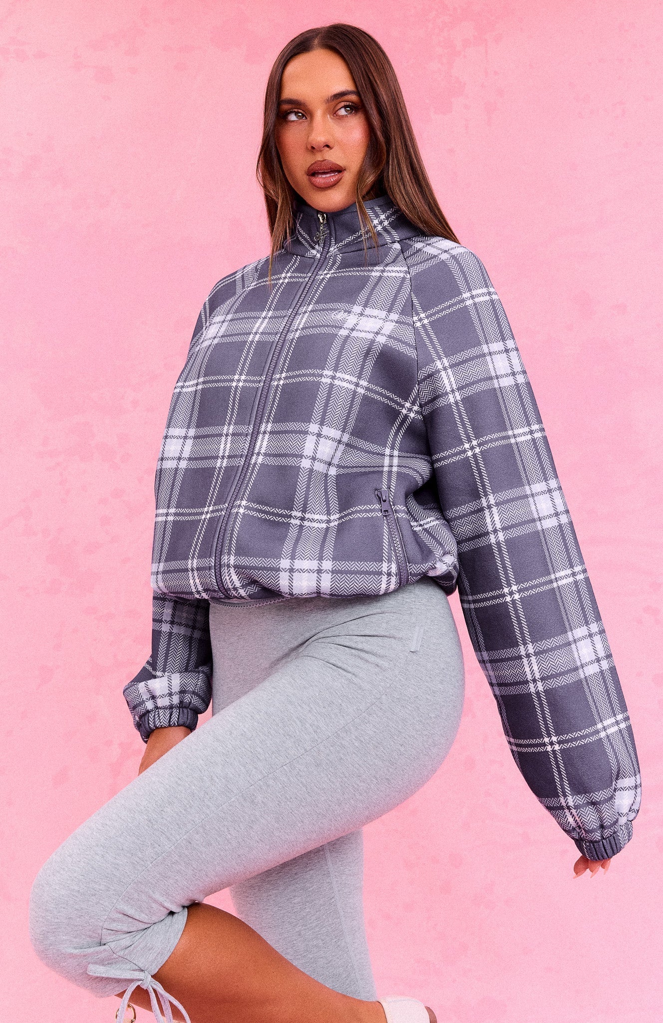 The Social Club Bianca Oversized Zip Front Funnel Neck Jacket Navy Plaid