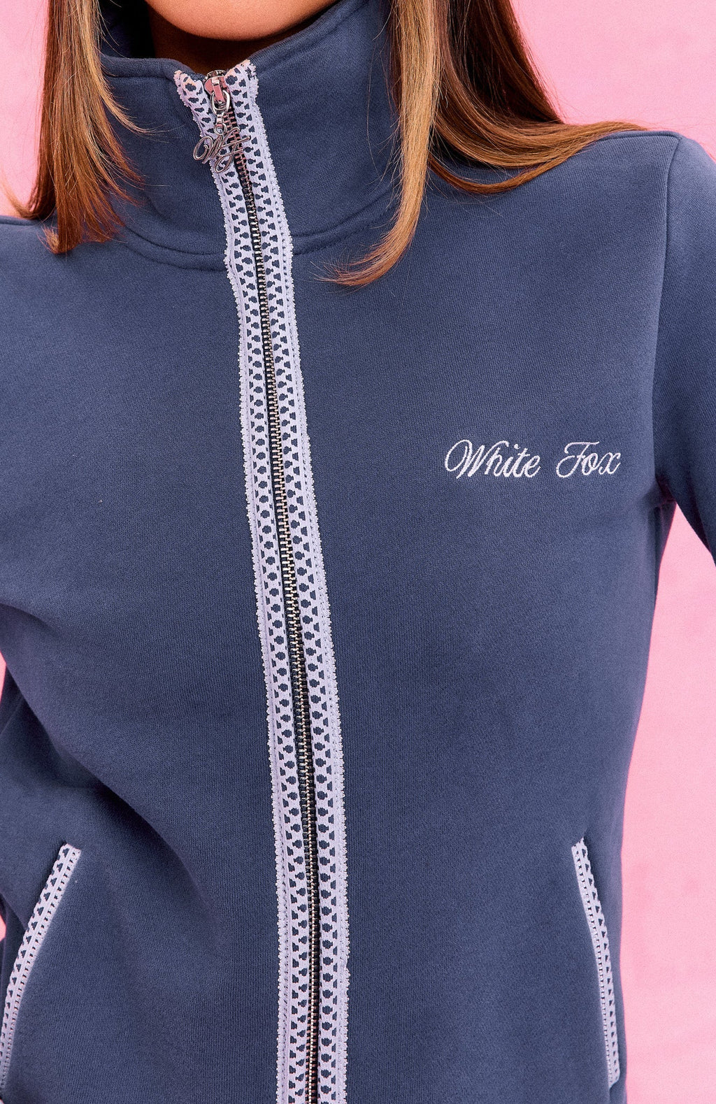 The Social Club Helena Zip Front Funnel Neck Jacket Navy