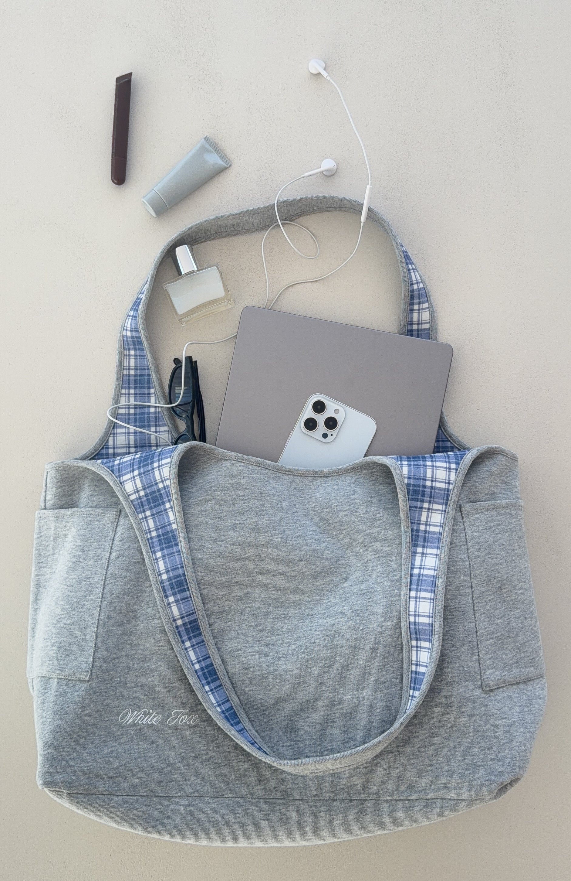The Social Club Mirabelle Reversible Shoulder Bag Blue Plaid/Grey Marle