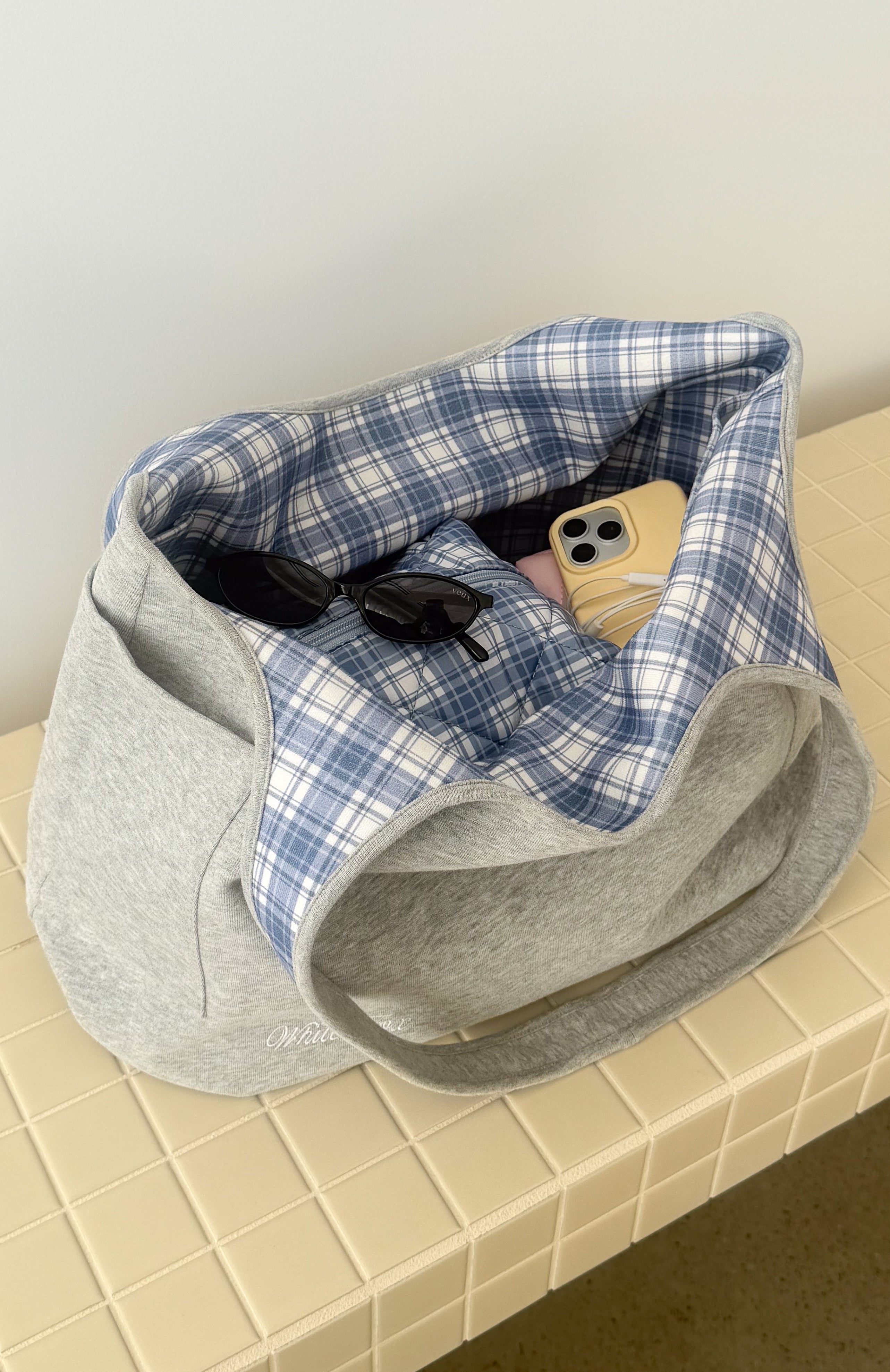 The Social Club Mirabelle Reversible Shoulder Bag Blue Plaid/Grey Marle