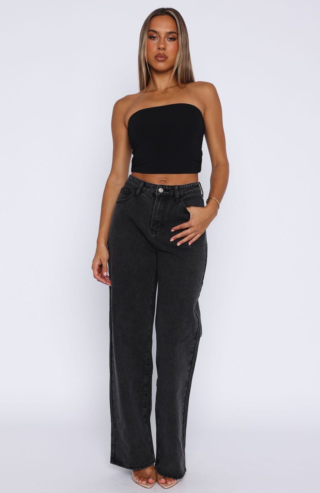 Bring The Style High Rise Wide Leg Jeans Black Acid Wash