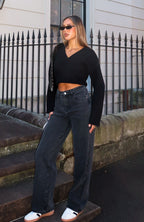 Bring The Style High Rise Wide Leg Jeans Black Acid Wash