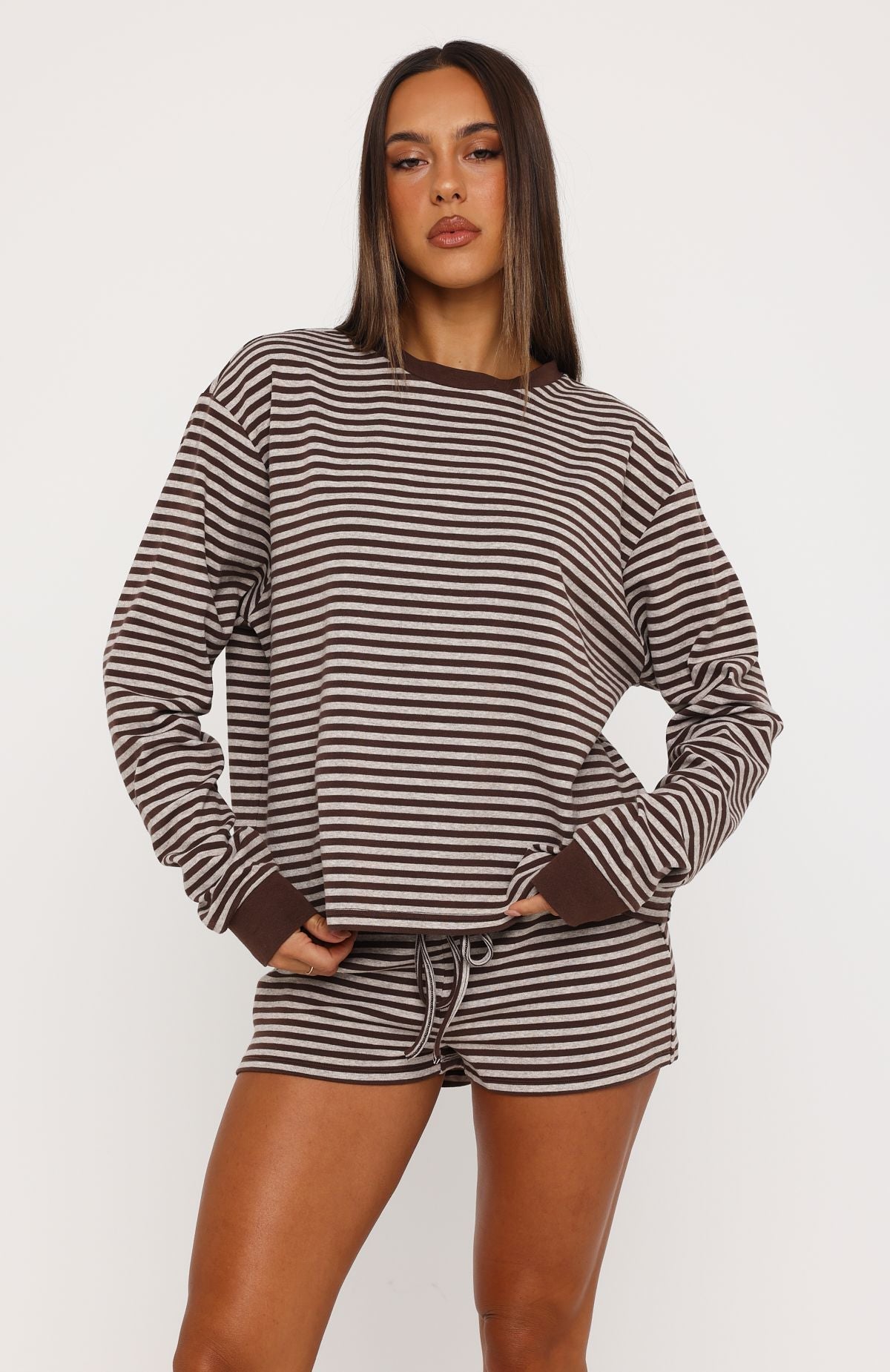 Touchdown Long Sleeve Tee Choc/Grey Marle Stripe