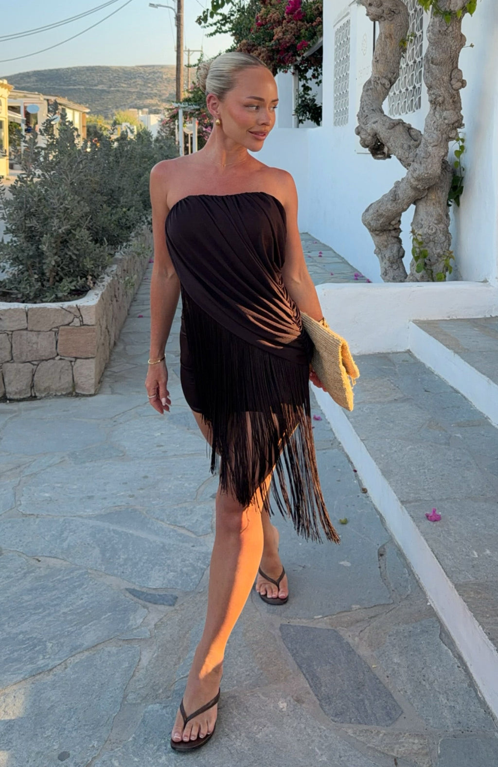 Man I Need Strapless Fringe Mini Dress Chocolate