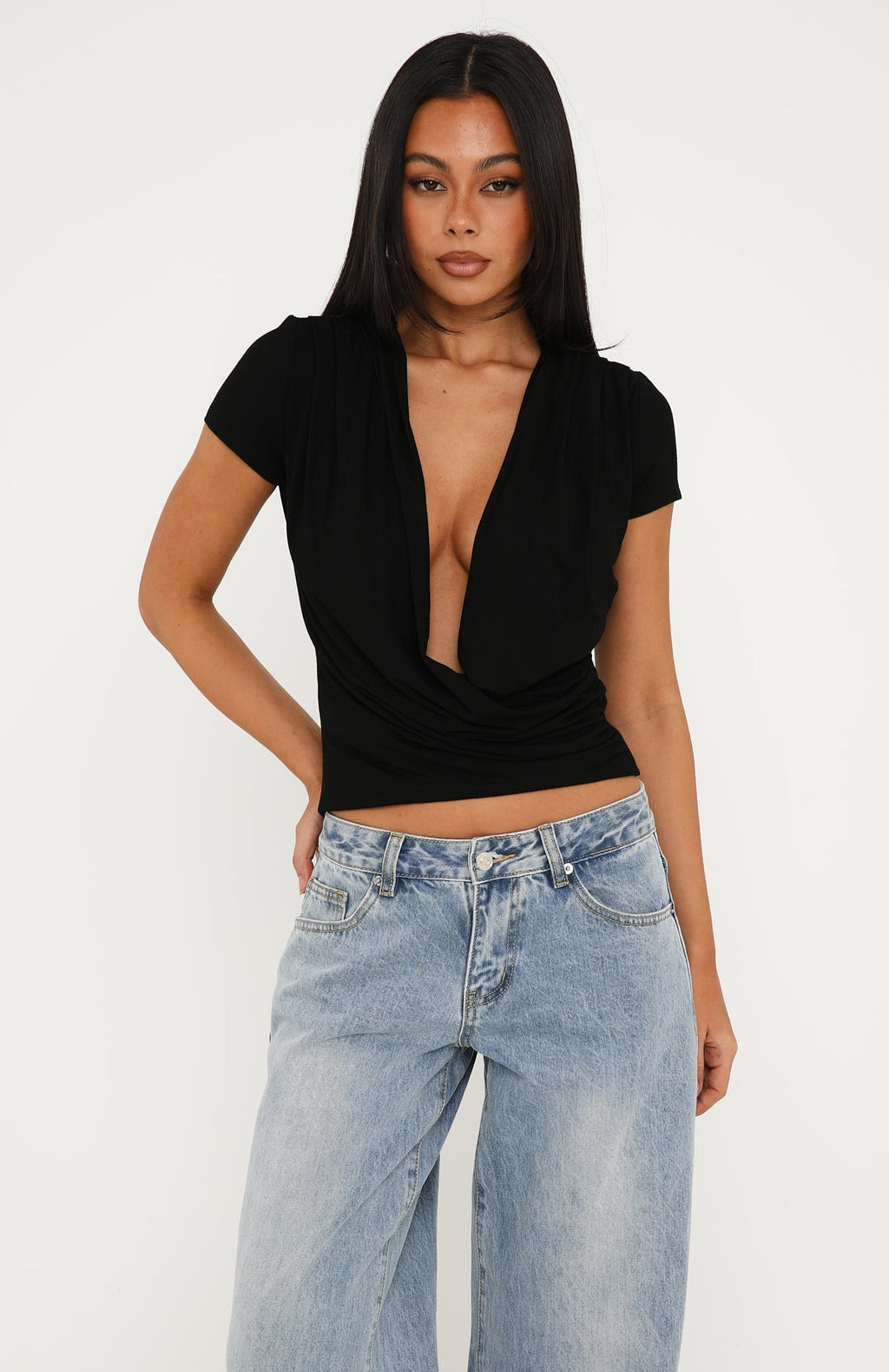 Almost Told You Short Sleeve Cowl Neck Top Black