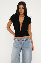 Almost Told You Short Sleeve Cowl Neck Top Black