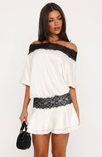 Am I Yours Off Shoulder Satin Mini Dress Cream/Black