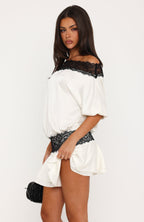 Am I Yours Off Shoulder Satin Mini Dress Cream/Black