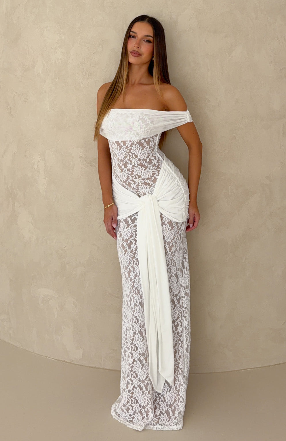 Best Dressed Off Shoulder Lace Maxi Dress White