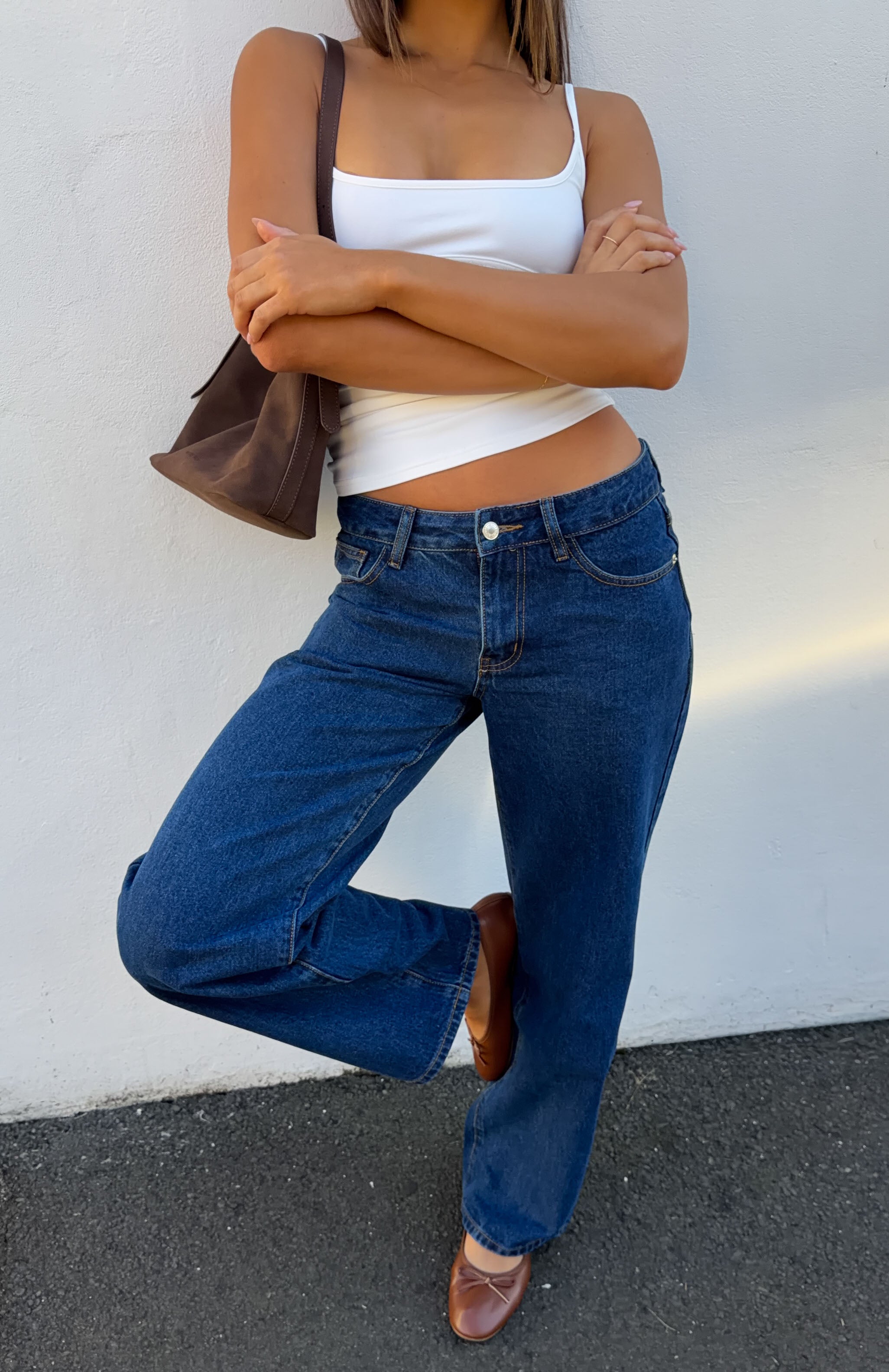 Bring The Style Low Rise Wide Leg Jeans Dark Blue Wash