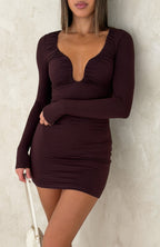 Causing Heat Long Sleeve Mini Dress Chocolate