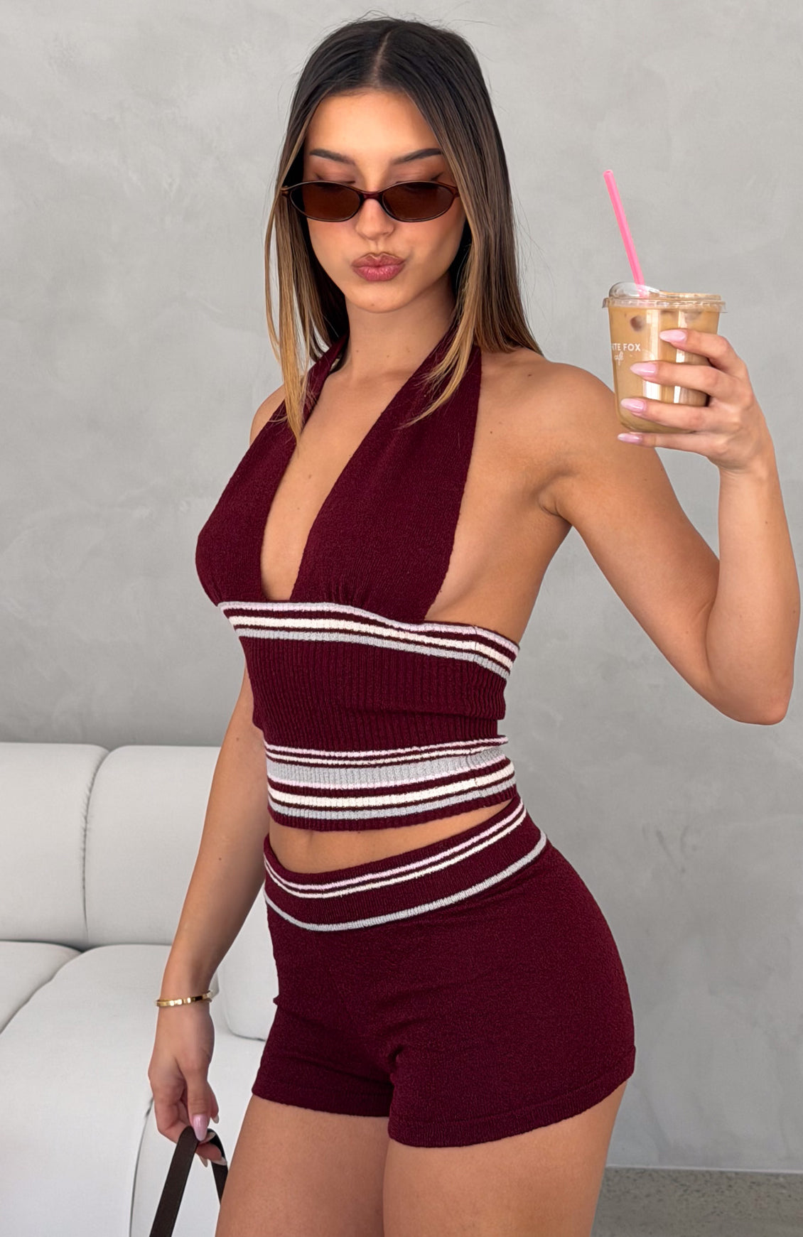 Ciao Bella Knit Halter Top Burgundy Stripe