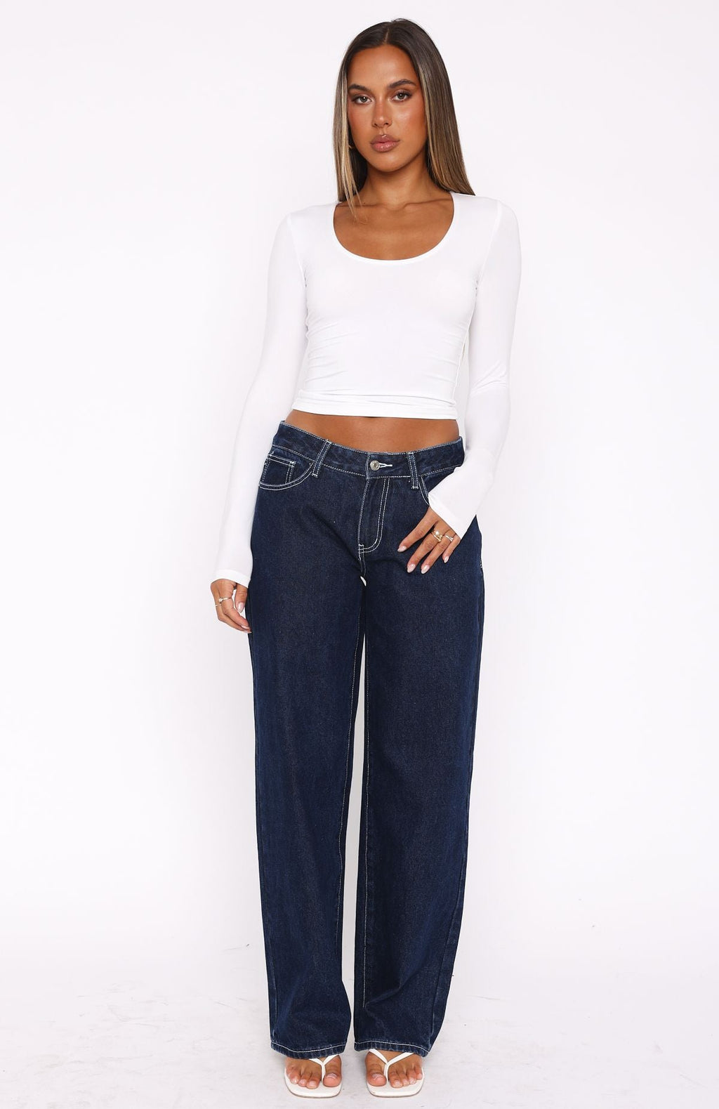 Bring The Style Low Rise Wide Leg Jeans Dark Indigo Wash