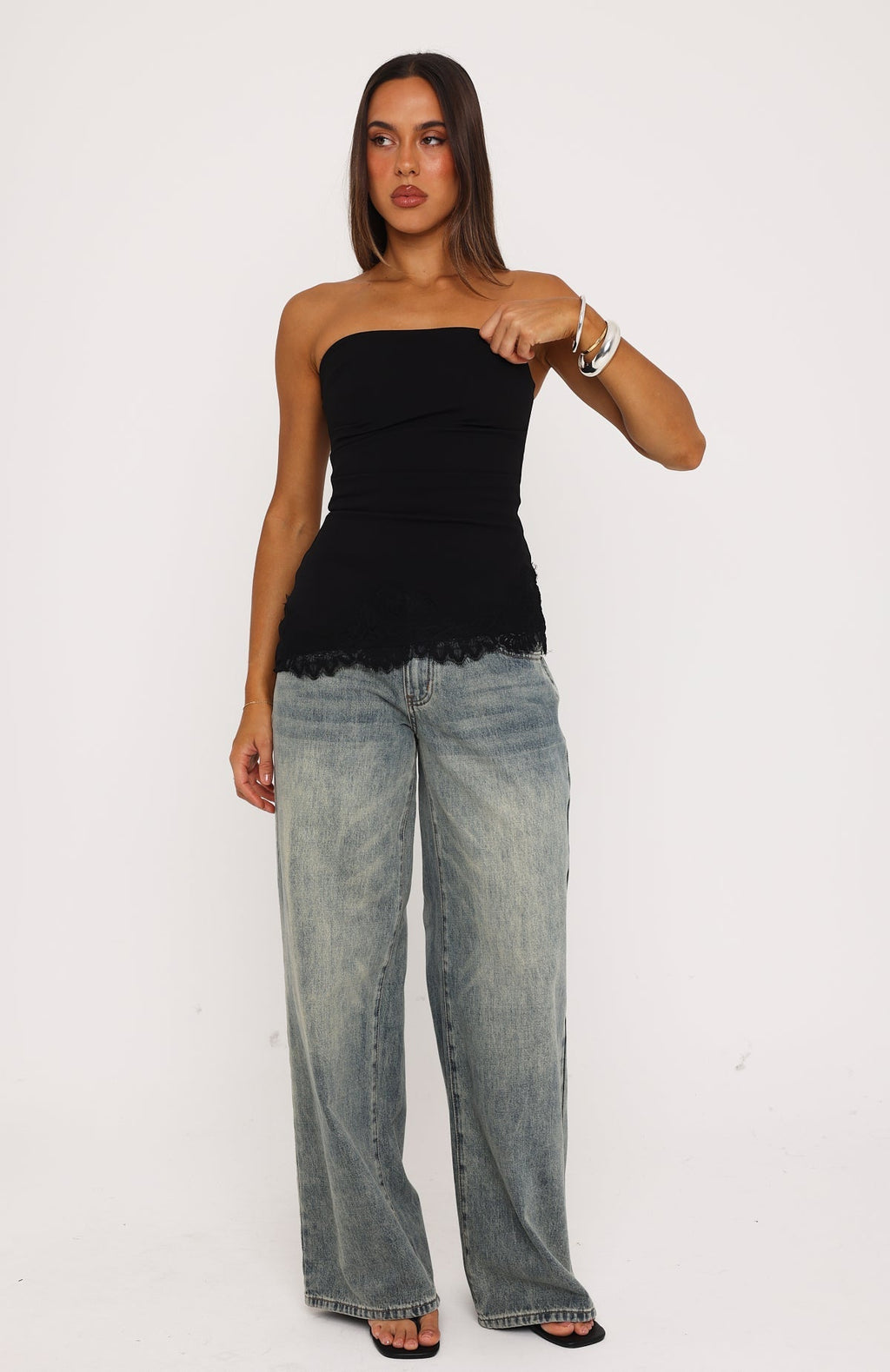 Dressed Up For You Lace Trim Strapless Top Black