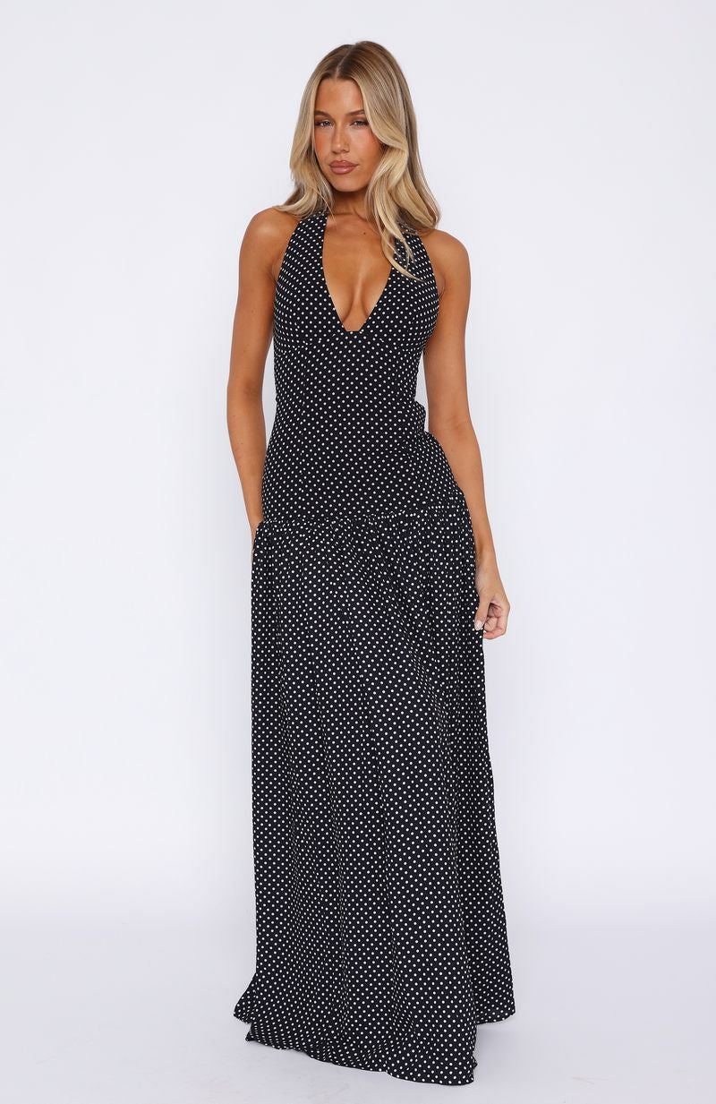 Sweet Temptation Halter Maxi Dress Black/White Polka Dot