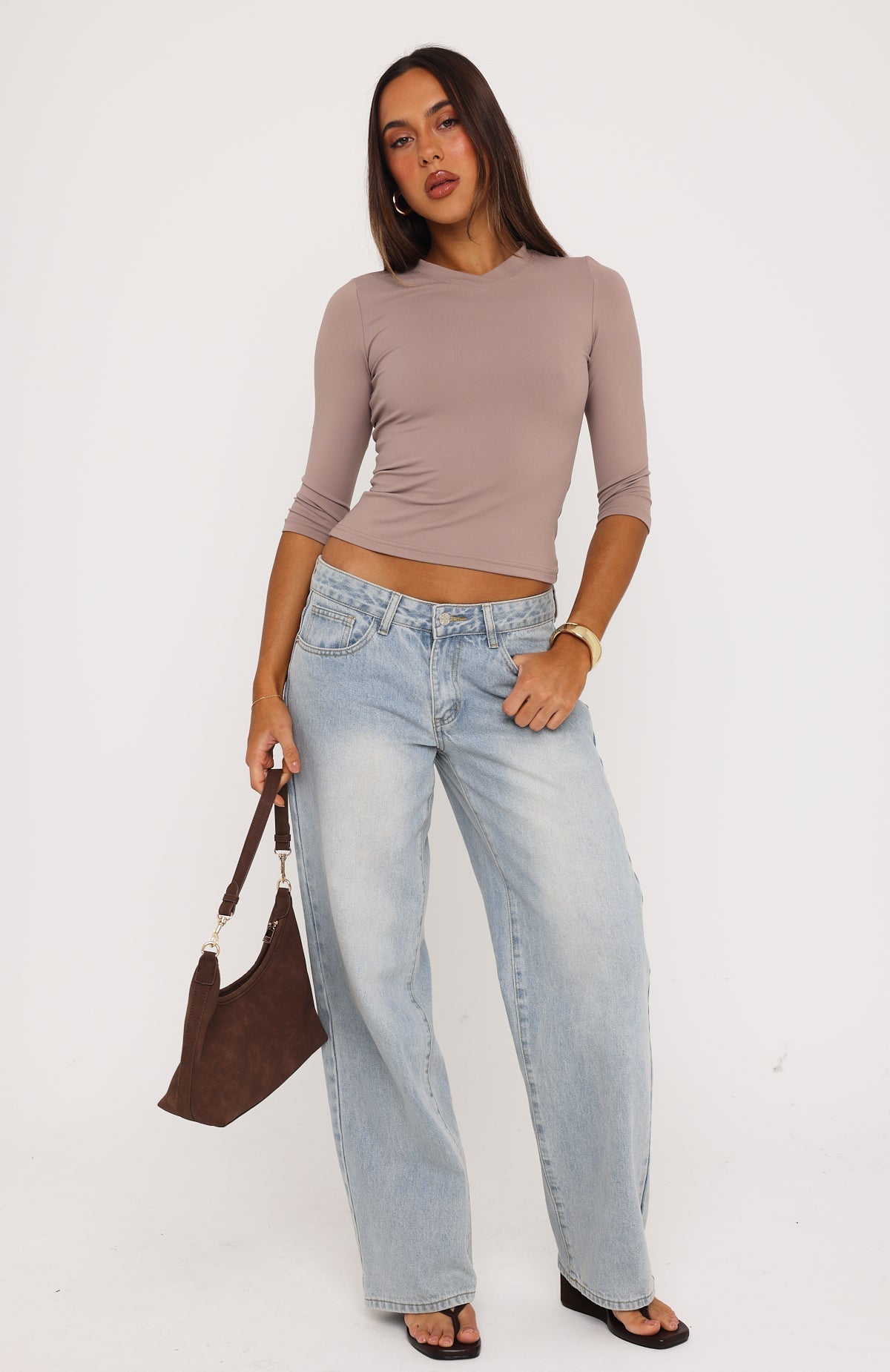Easy To Admire V Neck 3/4 Sleeve Top Fawn