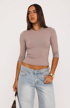 Easy To Admire V Neck 3/4 Sleeve Top Fawn