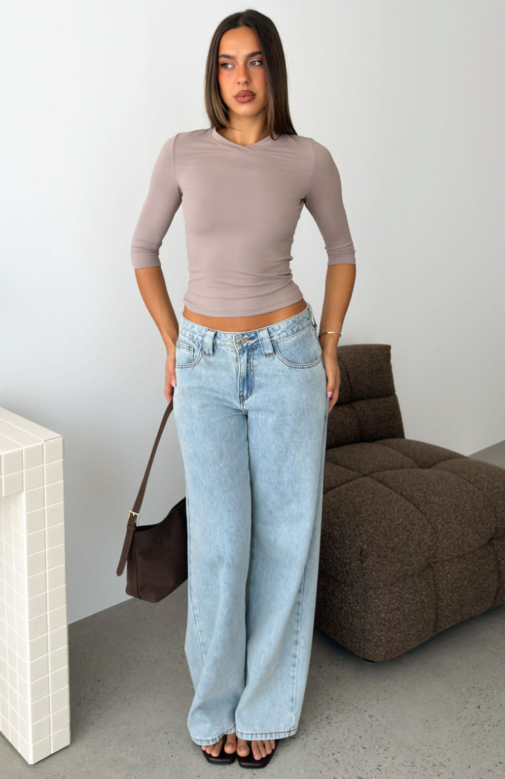 Easy To Admire V Neck 3/4 Sleeve Top Fawn
