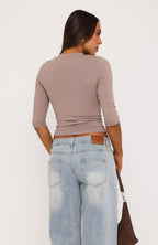 Easy To Admire V Neck 3/4 Sleeve Top Fawn